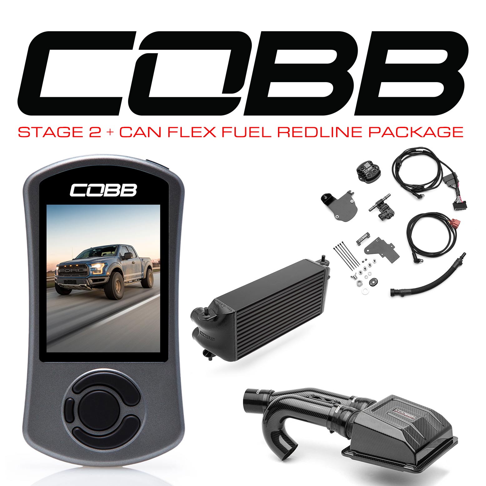 COBB Tuning 0050S20BK-TCM-RED-FF Stage 2 + CAN Flex Fuel Redline Carbon Fiber Power Package Black (Factory Location Intercooler) with TCM for 17-20 Ford F-150 Raptor Ecoboost